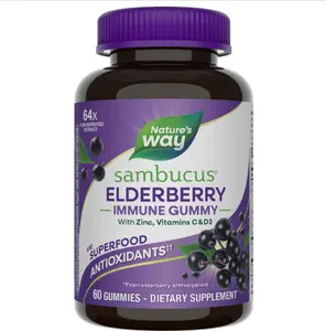 Nature’s Way Sambucus Elderberry Immune Support Gummies for Kids & Adults* with Black Elderberry Extract, Vitamin C, Vitamin D3, and Zinc, 60 Gummies (Packaging May Vary)