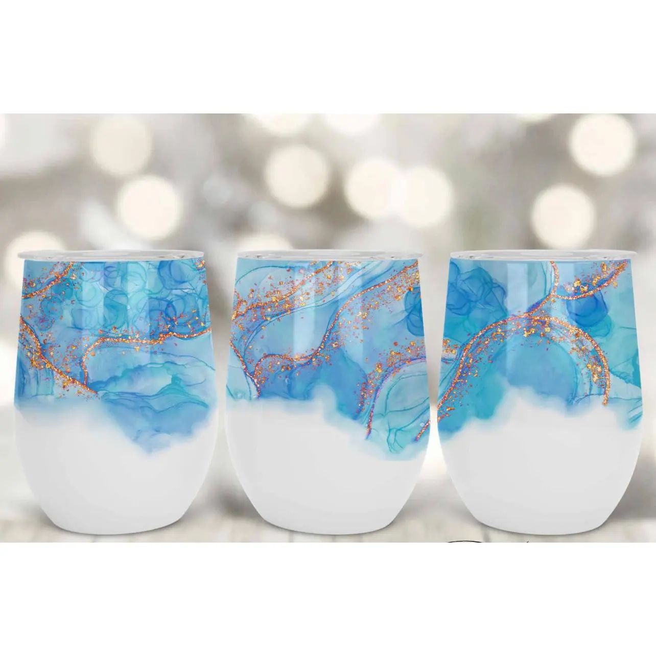 Crystal Blue Glass Personalized Drinkware with Unique Blue Marble Design and Gold Accents for Custom Enjoyment