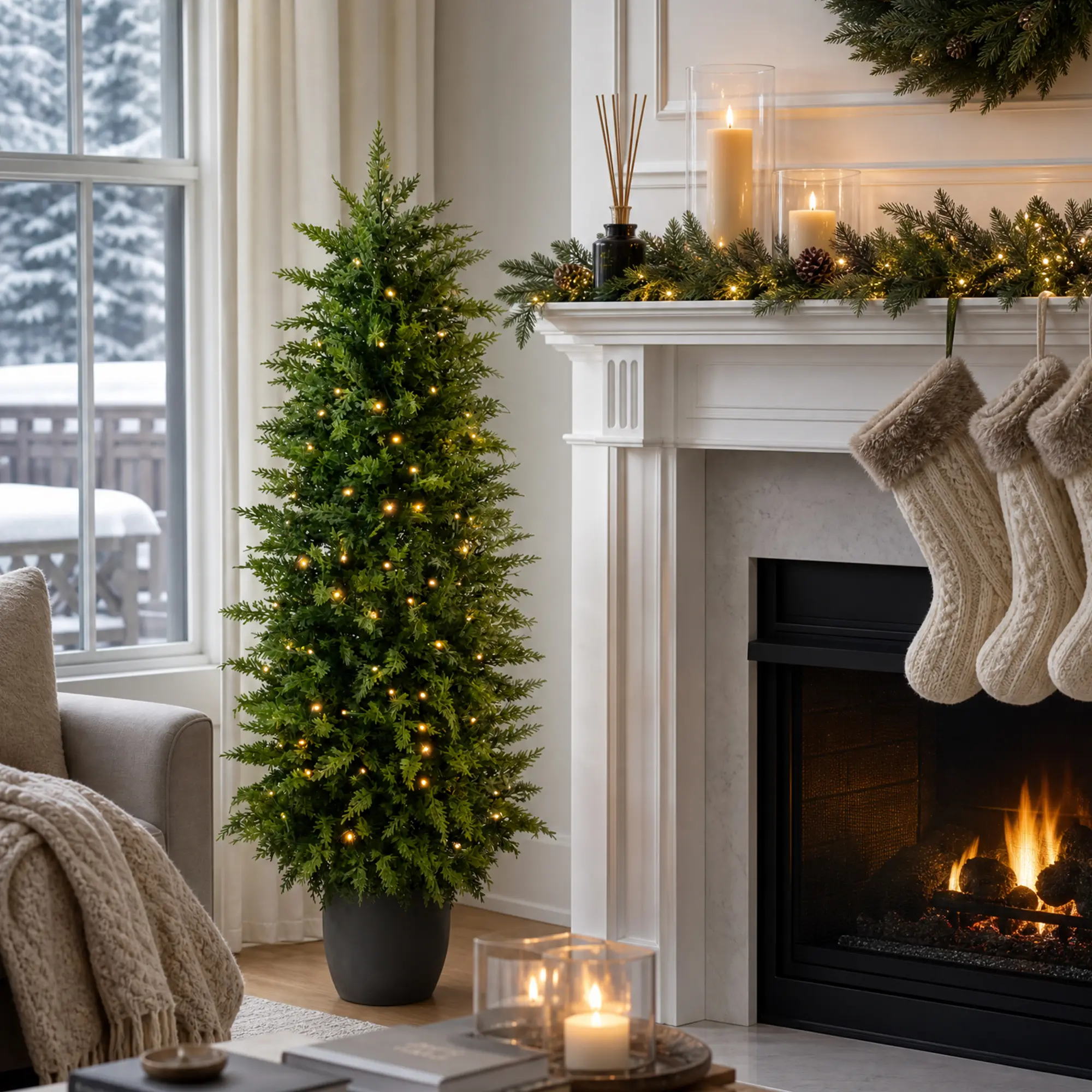 Glitzhome 3ft/4ft/5ft Pre-lit Christmas Artificial Cedar Porch Tree with LED Lights
