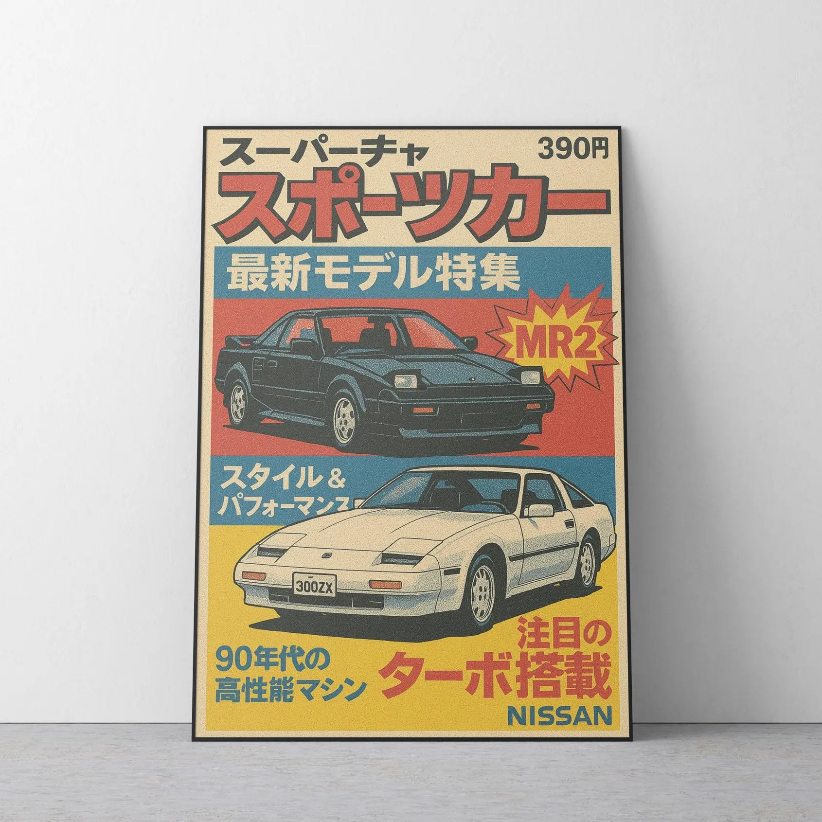 Retro JDM Car Poster – Toyota MR2 & Nissan 300ZX | Vintage Japanese Magazine Style Wall Art , No frame