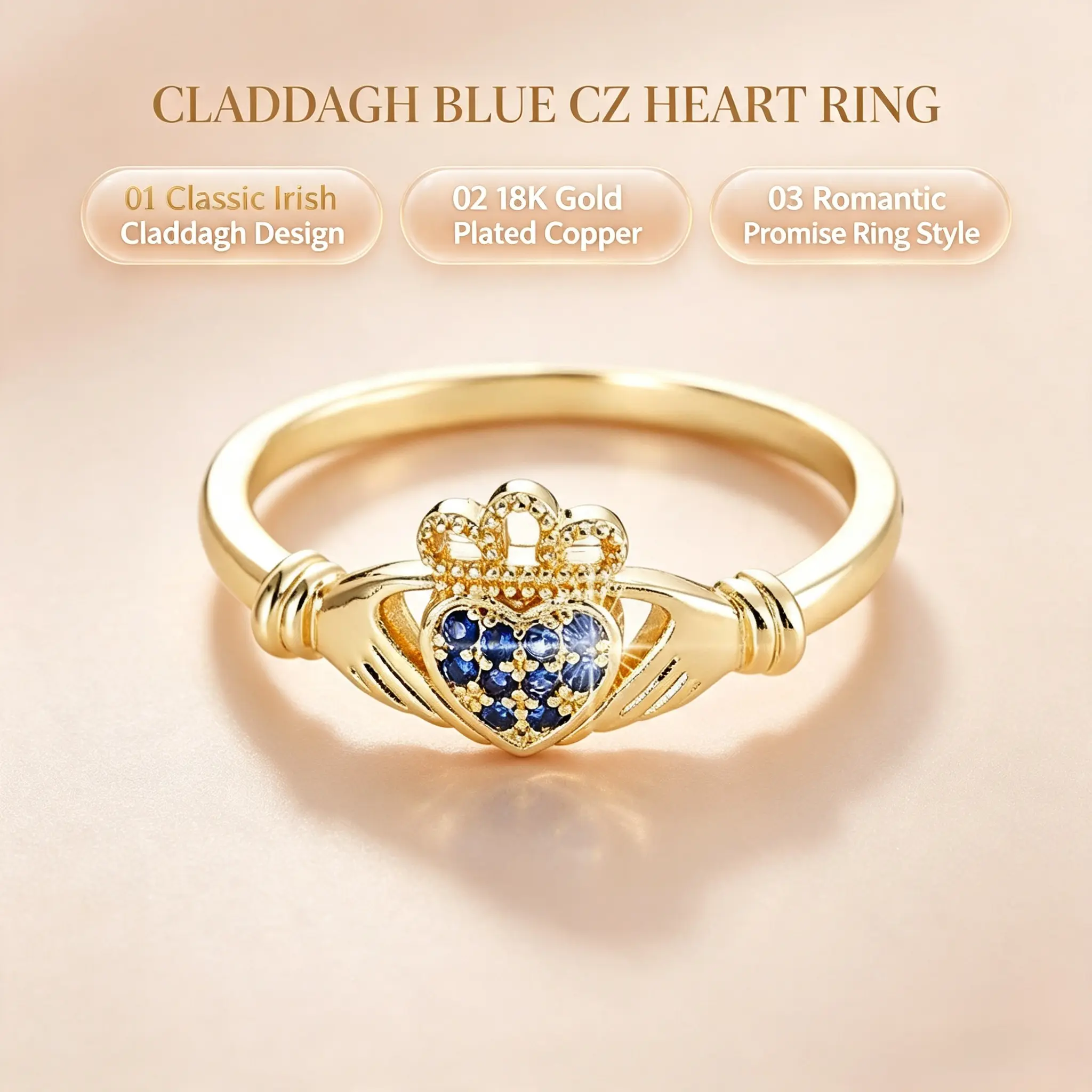 Women's Gold Plated Claddagh Ring - Blue CZ Heart Crown Promise Ring, Gold-Tone Statement, Heart-Shaped Metallic, Ornate Romantic Engagement Jewelry, Gold-Tone Statement Rings, Heart-Shaped Metallic Rings Crown Pinky Ring