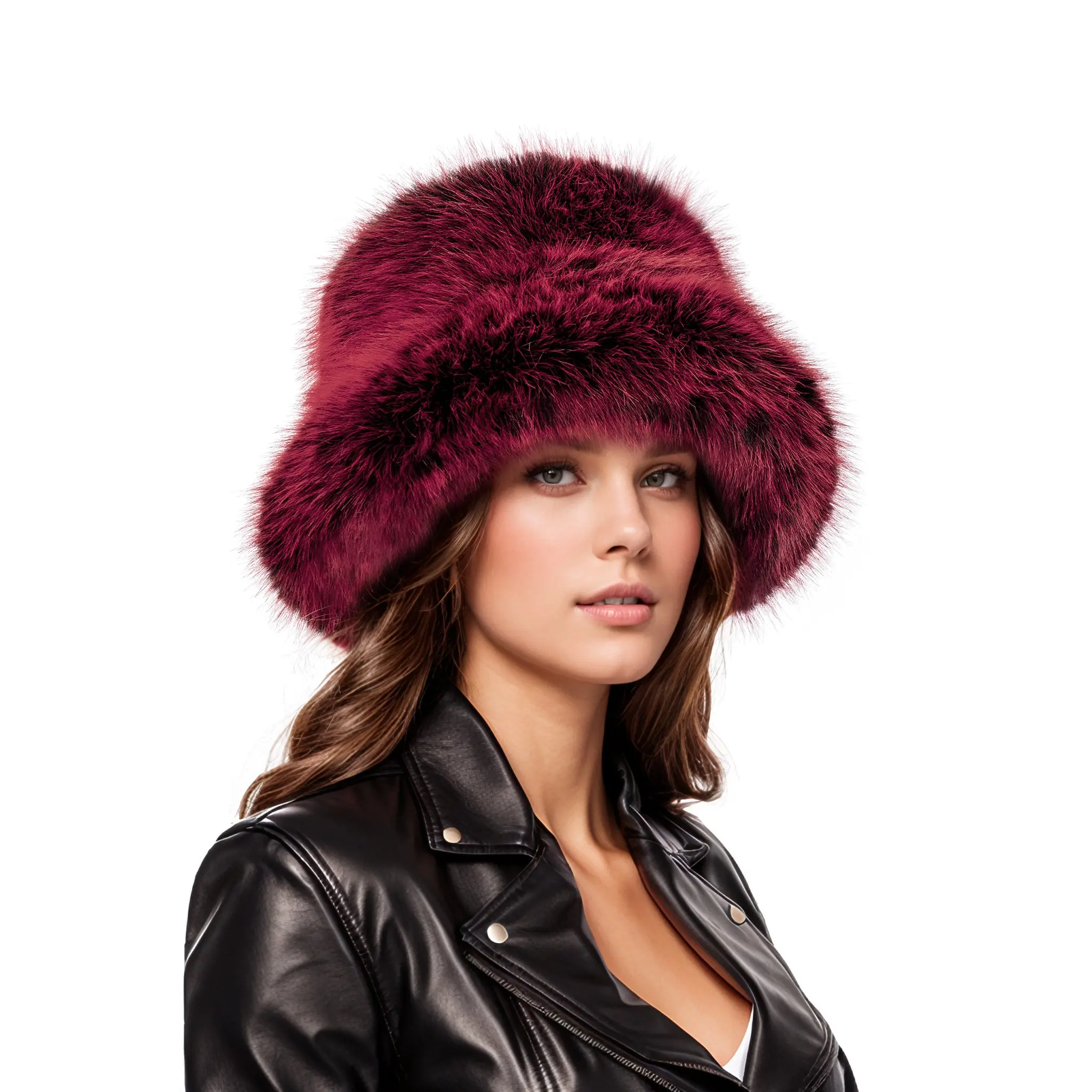 Burgundy black two tone faux fur bucket hat Burgundy black two tone faux fur bucket hat