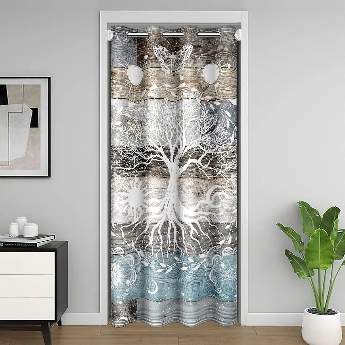 Sun and Moon Door Curtain Youth Adult,Bohemian Tree of Life Blackout Curtain,Blue Gray Vintage Barn Door Door Drape Closet Door