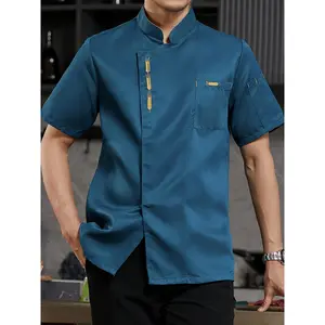 Men's Black Chef Uniform - Short Sleeve, Breathable, Quick-Dry, Golden Embroidery, Side Pockets for Kitchen Service