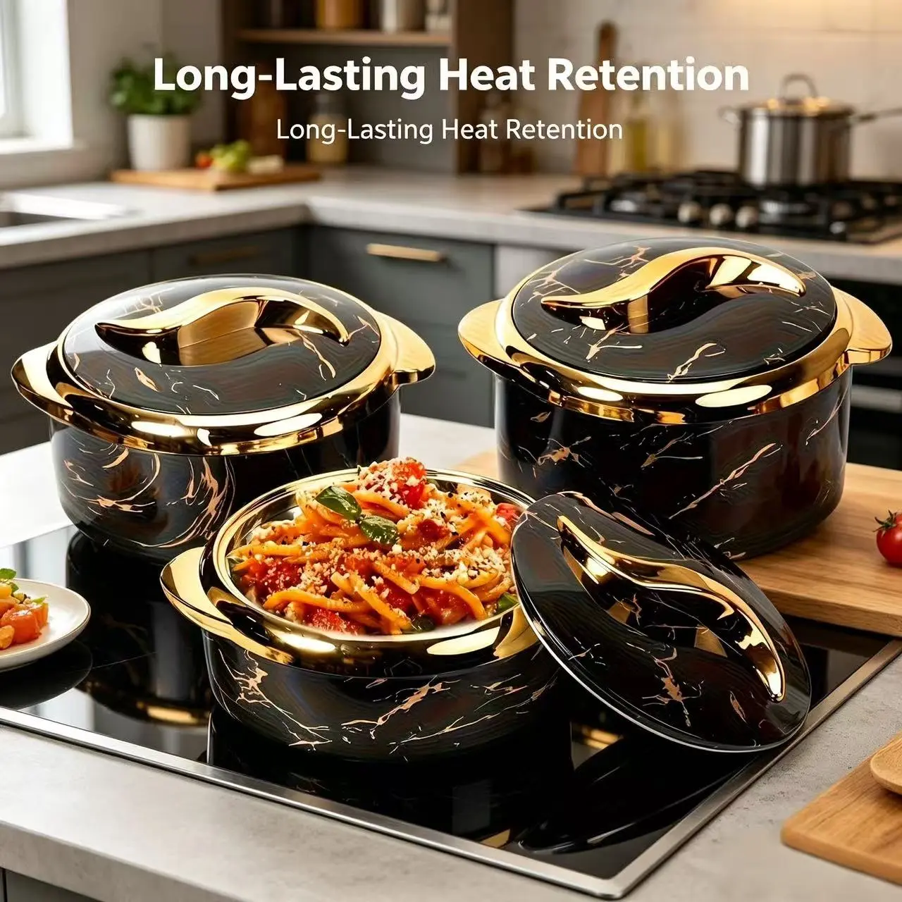 3Pcs Luxury Black Marble Gold Trim Insulated Casserole Cooking Pot Set, Double Wall Thermal Food Warmer with Stainless Steel Inner Liner, Leakproof Lid Serving Pot for Home Banquet Gift