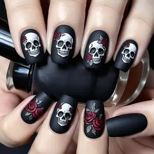 24pcs Halloween Theme Matte Rose Skull Print Press-On Nails, Full Cover Fake Nails for Women, Holiday Party Nail Design Decoration, Full Coverage Design, Nail Accessories