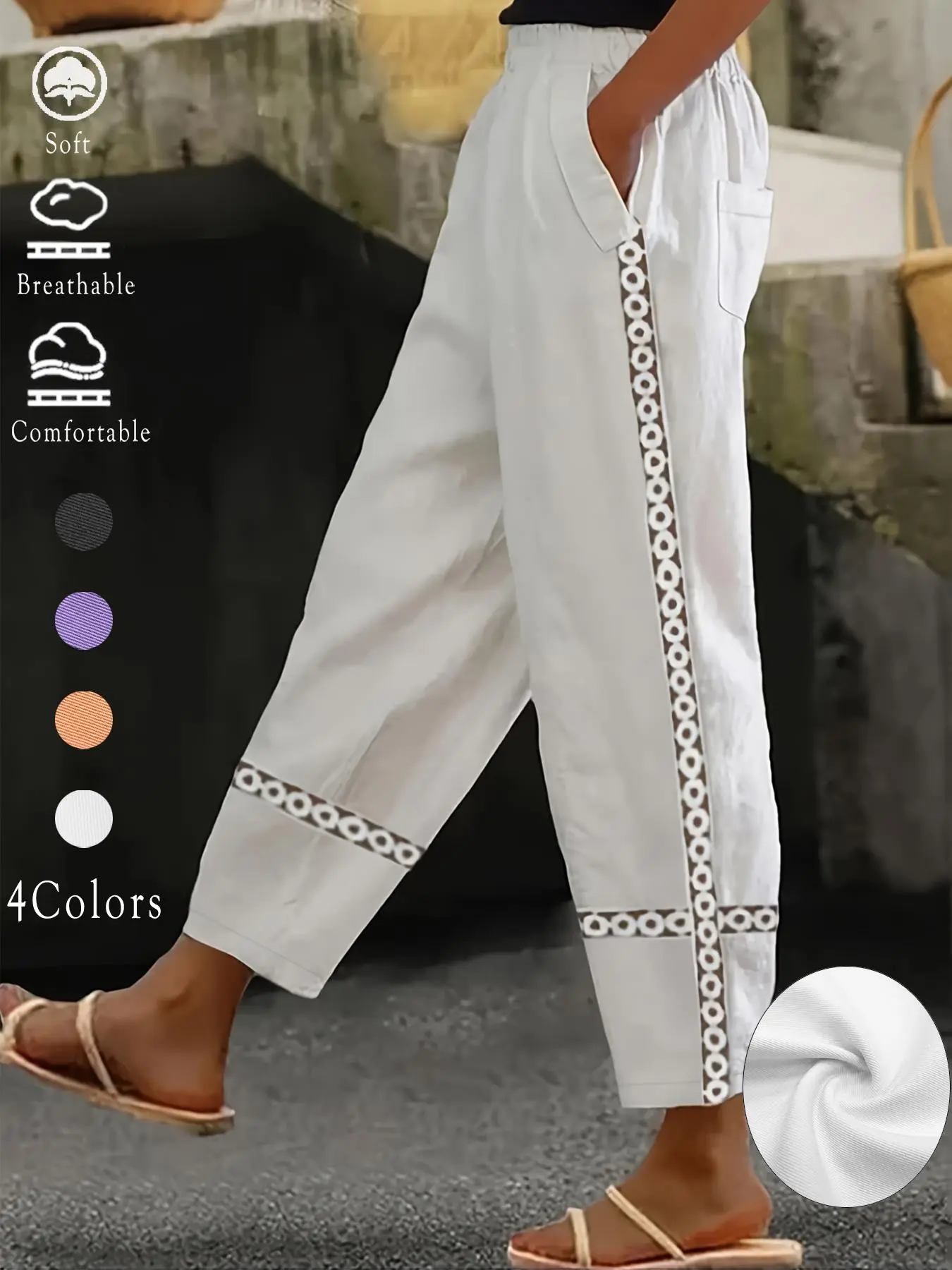 Women's Floral Lace Embroidery Straight Leg Pants, Casual Fashion Pants, Bohemian Street Trousers, Boho Casual Comfy Trousers for Daily Wear Holiday Vacation, Ladies Casual Style Bottoms for Spring & Fall
