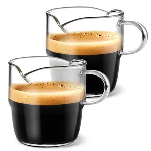 Espresso Cups Set of 2, 6 OZ Double Spouts Stackable Cups, Espresso Shots Glass Mugs with Handle, Cute Clear Glasses for Coffee Bar, Machine Accessories