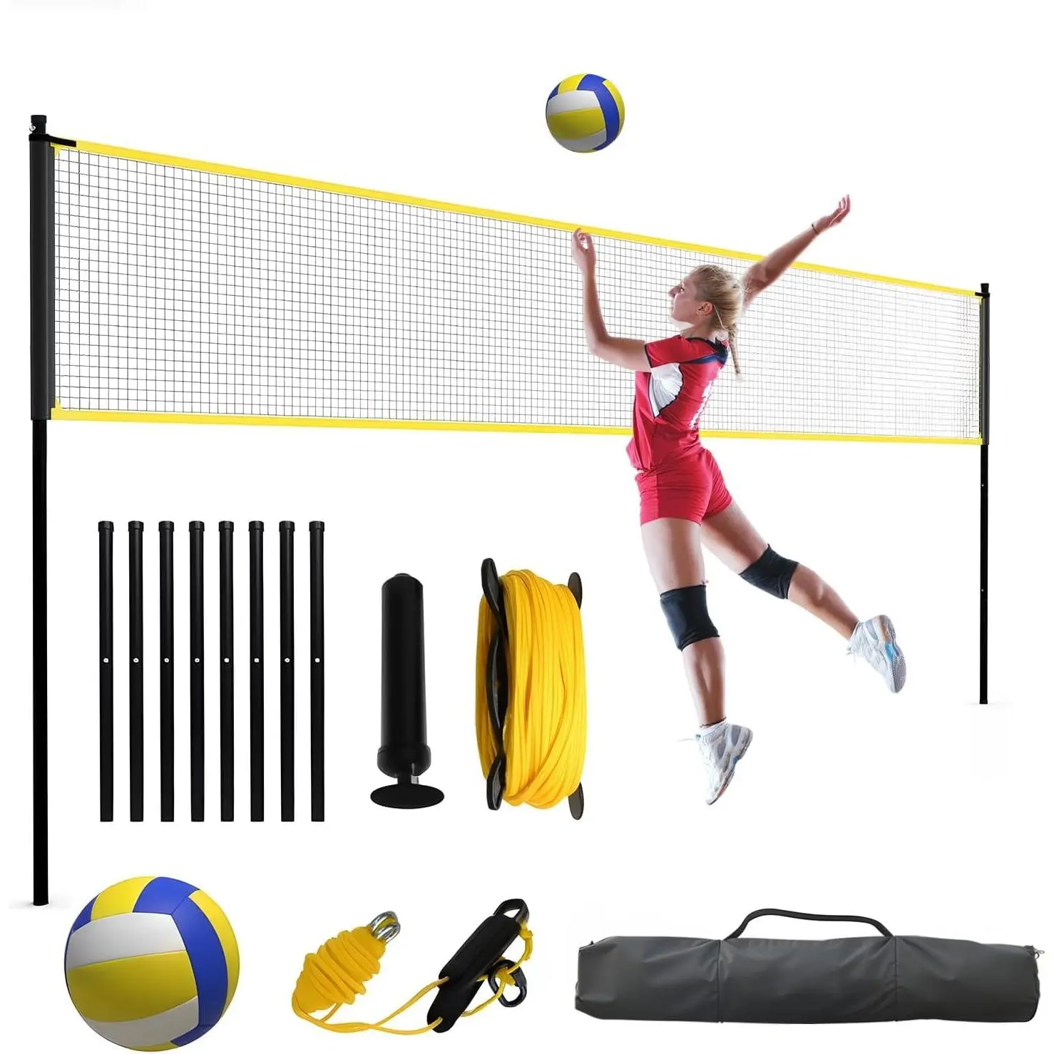 Portable Volleyball Equipment All Set - Height-Adjustable 9.7x2.4m Metal Frame Freestanding Net Set with Carrying Bag, Pump, Ropes for Children, Adults, Garden Outdoor Easy Transport Use, All Ages