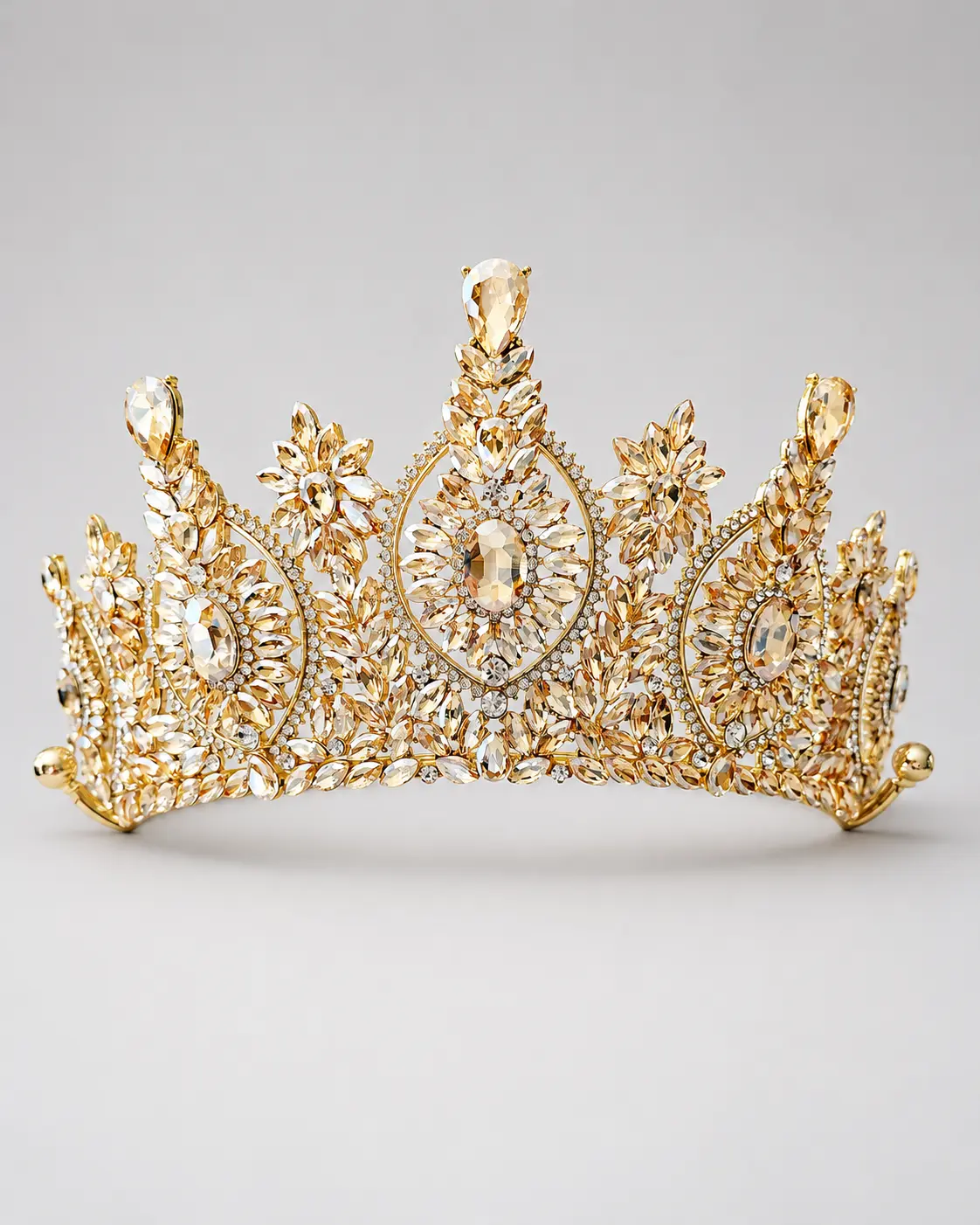 Glamorous Gold-Plated Champagne Crystal Rhinestones Full Crown Tiara, Shining Light Bridal Hair Accessory for Quinceanera Celebrations, Bold Look