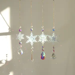 Crystal Sun Catcher, 4 PCS Snowflakes Crystal Suncatcher Hanging Pendant, Handmade Rainbow Maker Indoor Outdoor Decor for Window Bedroom Courtyard Garden, Bless Gift