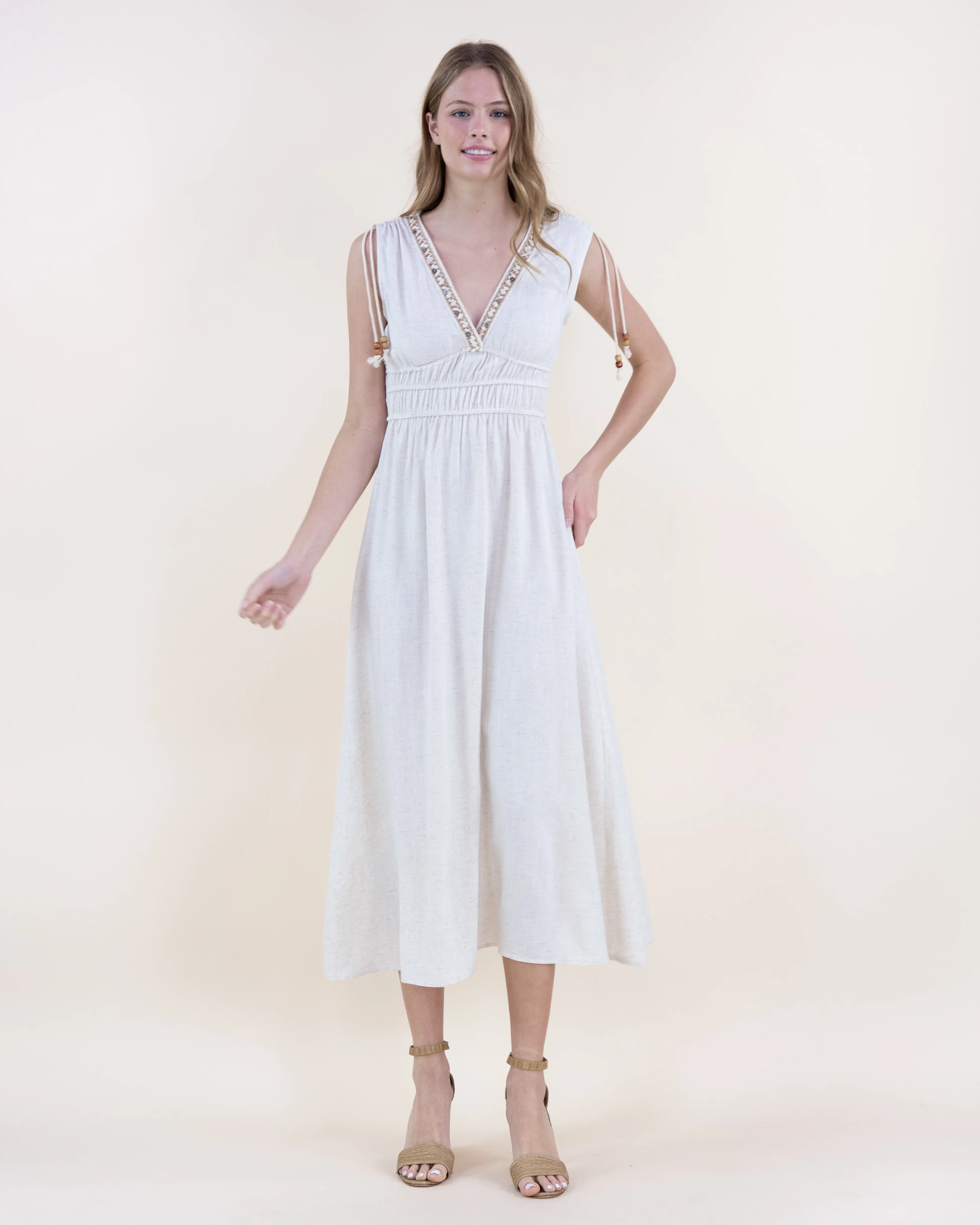 Women's Everyday Feminine Lightweight Linen Grecian Surplice Midi Dress & Matching Sleeve Open Front Cardigan - Boho Resort Collection with Decorative Trim, Pieces Sold Separately