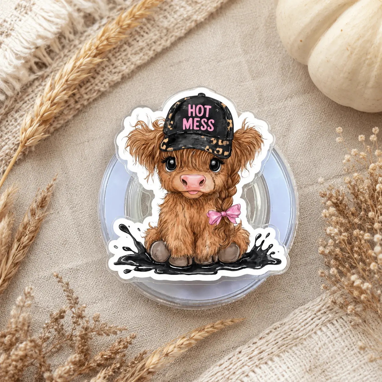 Hot Mess Highland Cow Phone Holder Expanding Grip Stand Funny Animal Design For E-Readers Smartphones Aesthetic Western Farm Decor