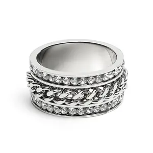 Anti-Rust Steel Ring - CZ Eternity Rotatable Solid Metal Chain Center Chain Ring (Size 8), Anti-Rust Steel Rings, Chain Ring Rings