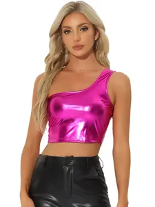 INSPIRE CHIC Metallic Crop Top One Shoulder Party Clubwear Shiny Holographic Tank Tops