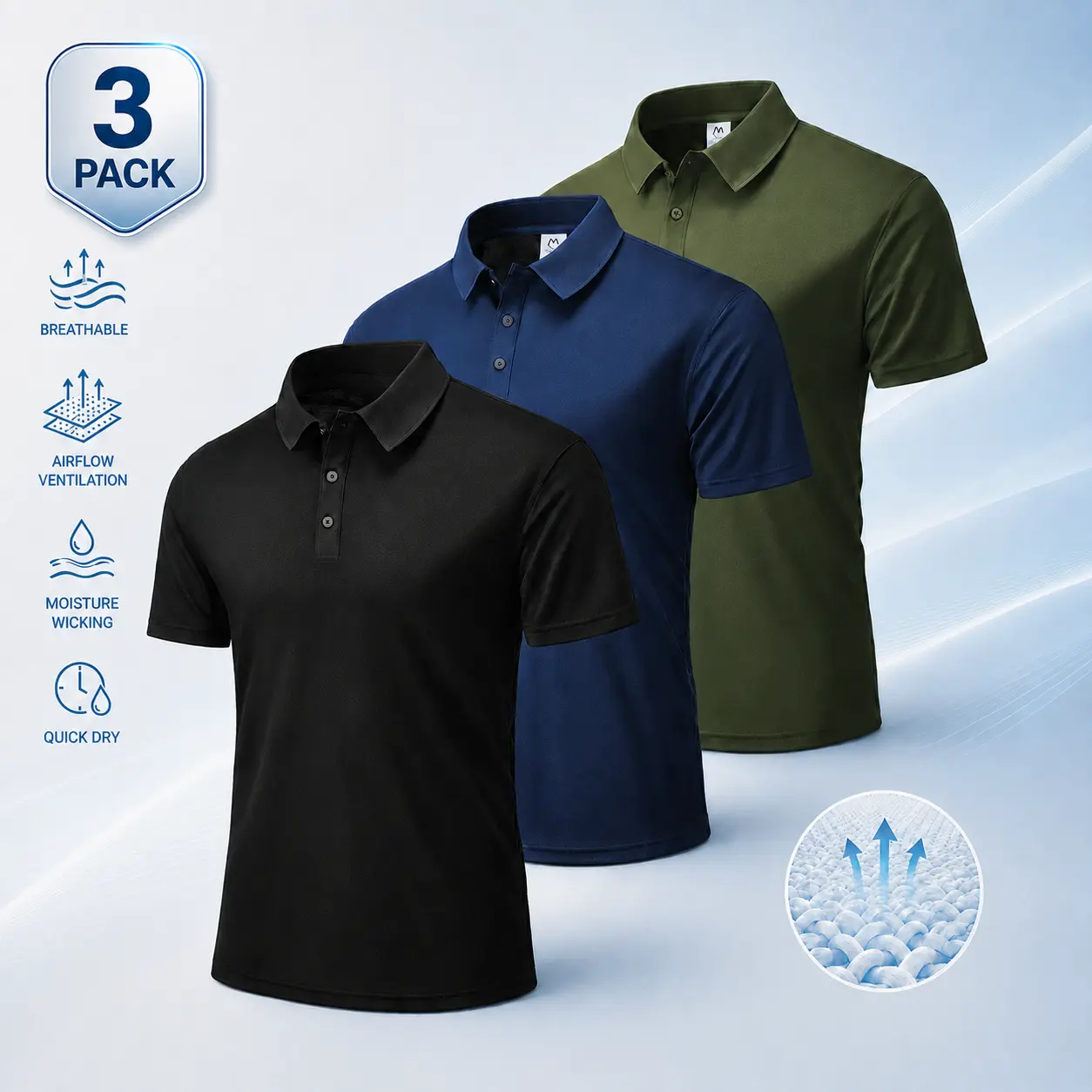 Men's 3-Pack Breathable Polo Shirts, Plain Short-Sleeve Casual Tops for Business Wear - Black, Dark Blue, Army Green, Menswear