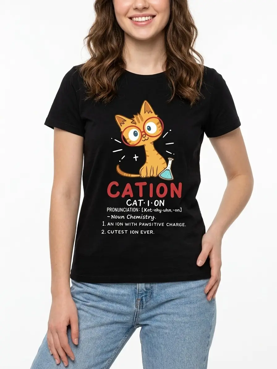Science Cat Pun Graphic Tee 100% Cotton Black S-5XL Women STEM-style Chemistry-vibe Teacher-outfit Witty-gift Funny-statement