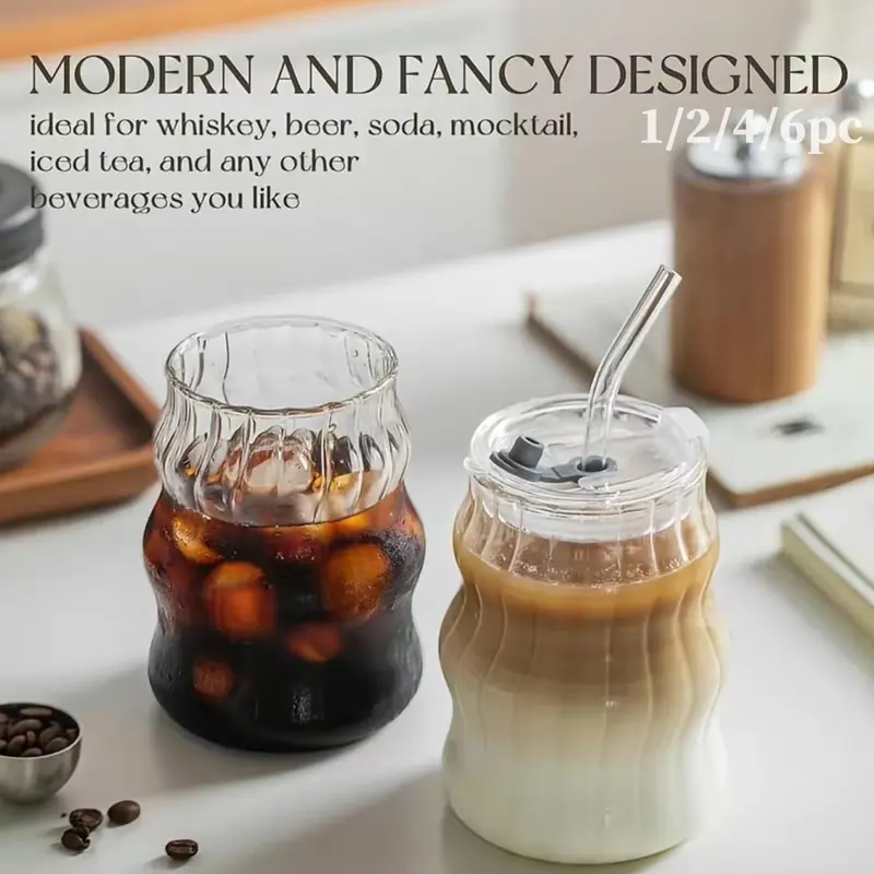 2/4 Pack 18oz Wave Bubble Textured Glass Cups Drinkware with Straw & Lid, BPA Free Reusable Clear Drinking Tumbler, Clear Cups with Lids and Straws, for Water Tea Coffee Iced Drinks, Home Kitchen Dining Room Daily Use Ideal Gift, Durable Glassware