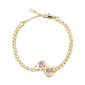 MEIITRUE 14K Gold Plated Double Heart Bracelet for Women, Hypoallergenic Zirconia Cuban Link Bracelet, Stylish Gift for Women Feminine, Symbol of Pure Love and Warmth