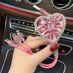 3-in-1 Heart Shaped Car Charger Cable with Shiny Rhinestone Design Fast Charging Expandable USB Cord Compatible with All iPhone Models Android Type-C Cute Auto Accessory Gift for Women