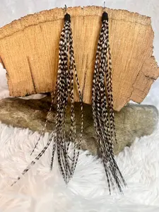 Black White Grizzly Feather Earrings 8 Inch