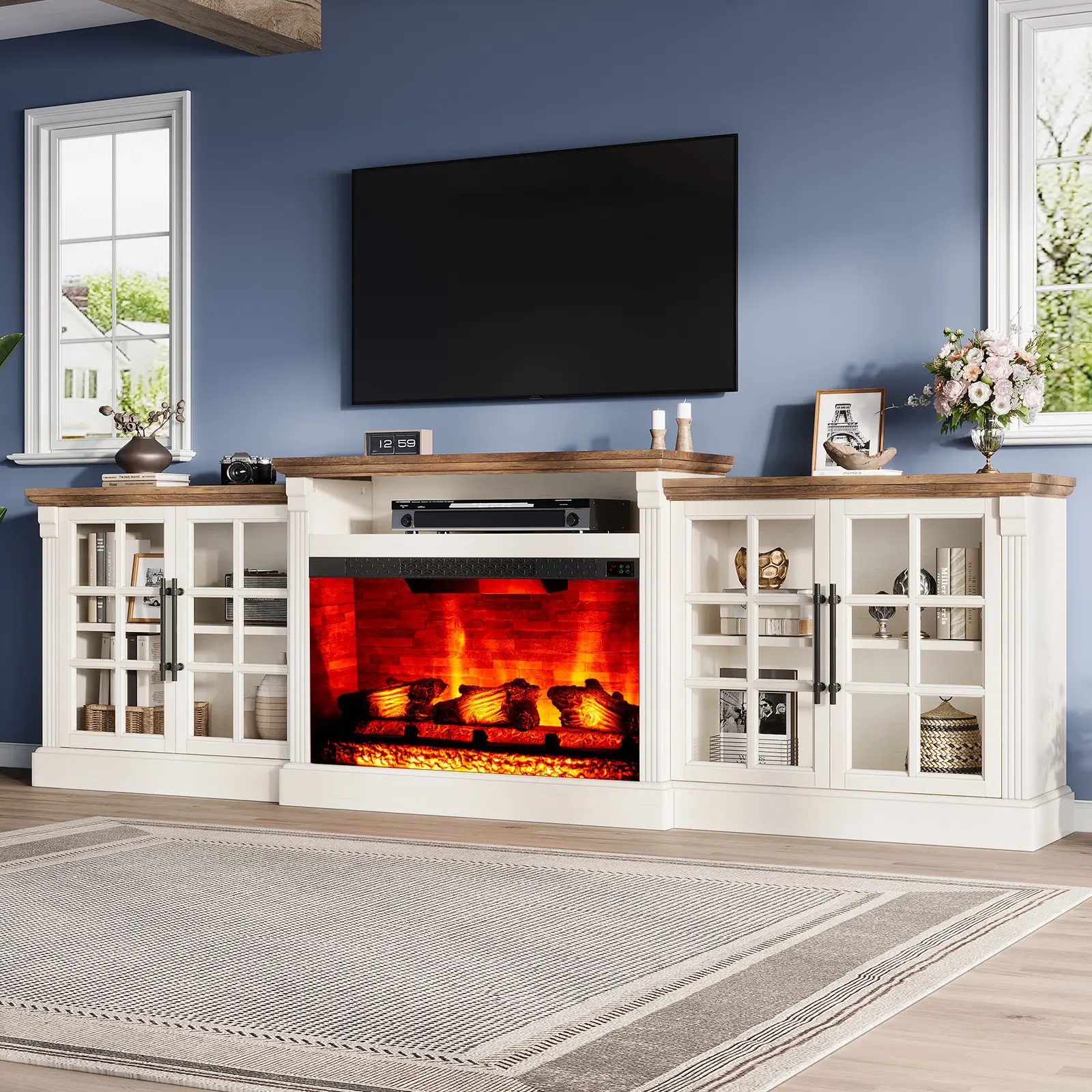 [Ships in 2 Boxes] AMERLIFE 70"/97" Farmhouse Fireplace TV Stand, Entertainment Center with Large Storage Space and Adjustable Shelf, Media Console for Living Room/Best Gift Ideas/Christmas Gifts[tiktokshopbacktoschool][SohoChic]