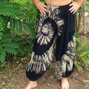 Black Swirl Tie Dye Harem Pants - Loose and Baggy Joggers with Elastic Waist and Ankles, 100% Silky Rayon, Matching Halters