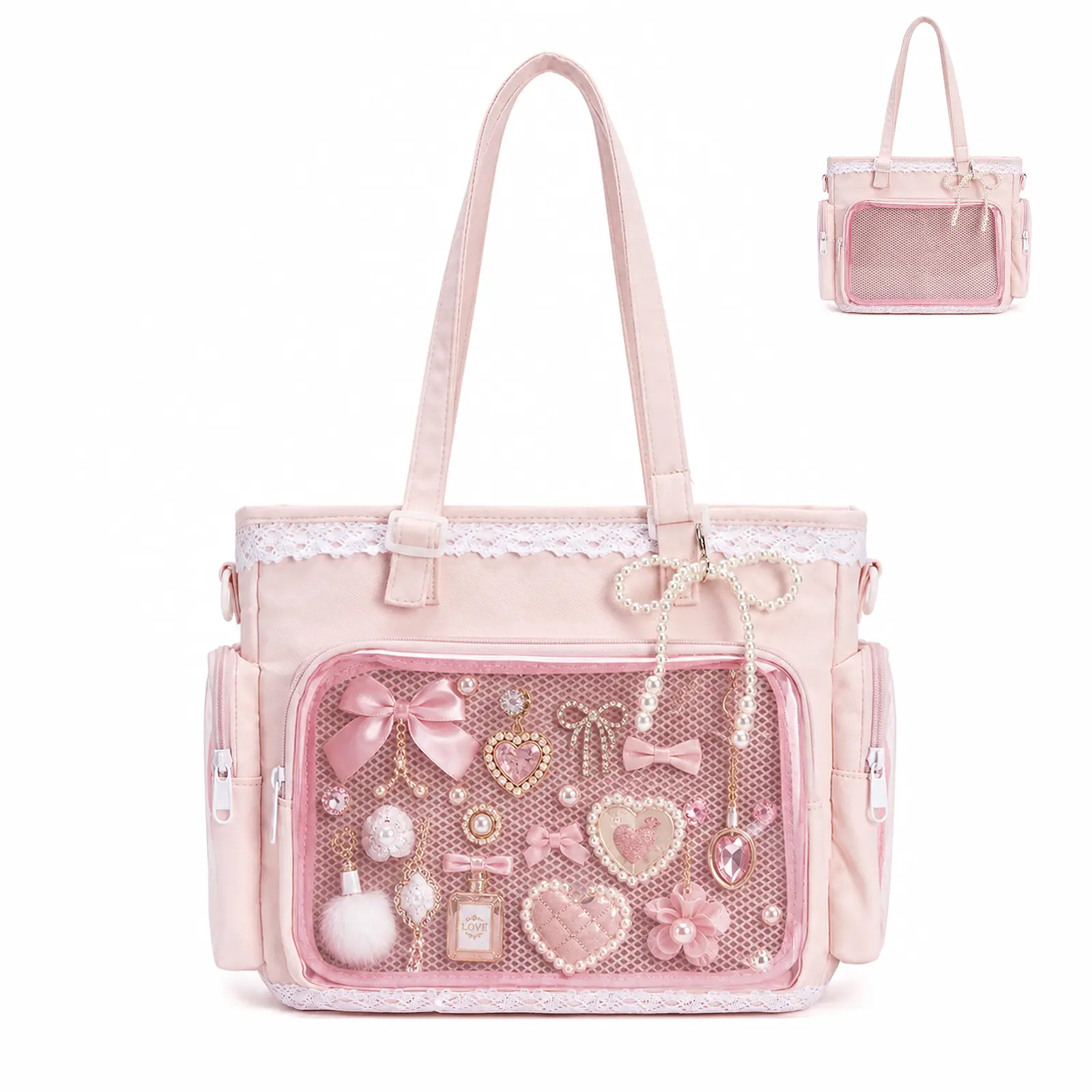 Ita Bag with DIY Accessory Kit - Clear Window Y2K Kawaii Lace Crossbody Bag with Display Insert for Pins & Button Badges