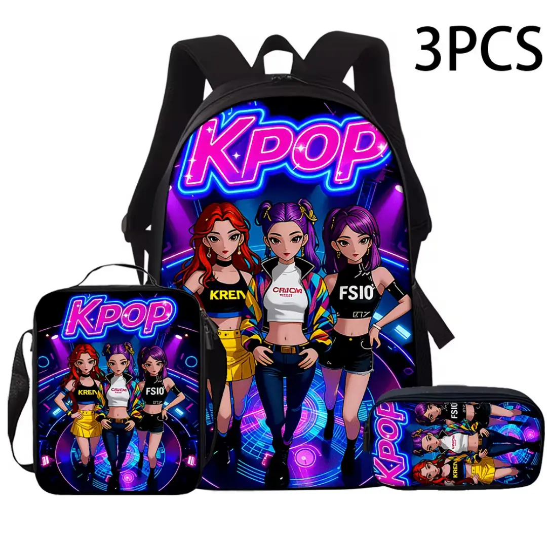The 3-piece K-pop backpack of model 2026, a 16.5-inch girl's strap bag, paired with a crossbody bag and a pencil case, is a must-have school supply gift for K-pop fans.