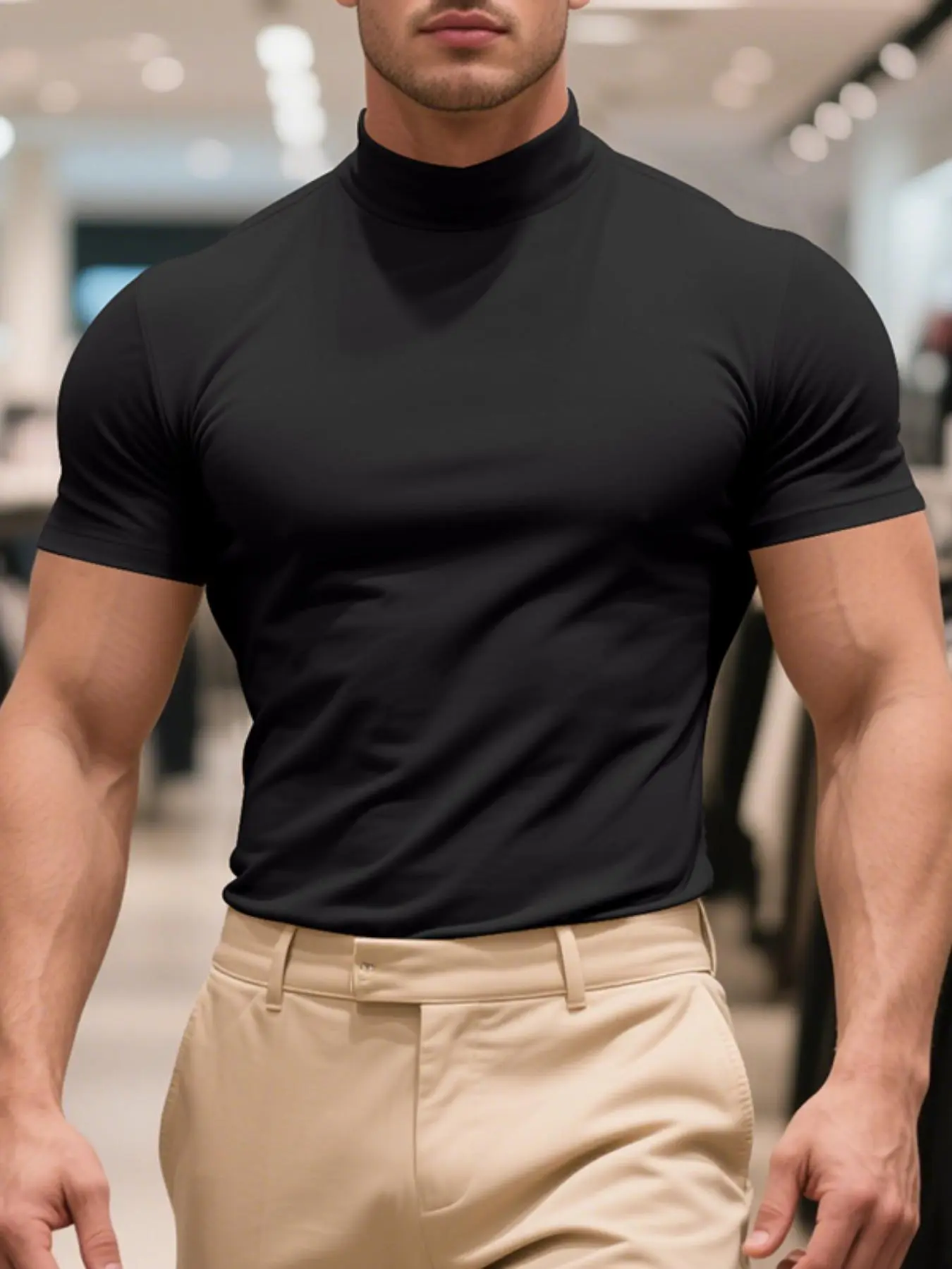 Men's Solid Color Turtleneck Sports Tee, Regular Fit Activewear Athletic Apparel Sporty Short Sleeve T-Shirt Athletic Top for Gym Workout Running, Men's Sport & Outdoor Clothing, Fitness Sport Top for All Seasons