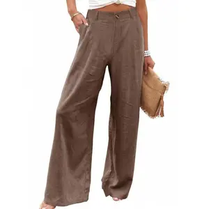 Women’s cotton-linen casual button-up high-waisted wide-leg joggers