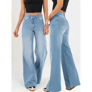Women's asymmetrical mid waist wide leg jeans with zipper pocket design, casual and fashionable all year round, essential for limited time purchaseRAIMENTRY
