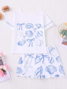 Ocean Shell Bowknot Printed Pajama Set, Fire Retardant Casual Top & Loose Waist Shorts, Cute Short Sleeve Sleepwear, Loungewear, Pjs, Pyjamas, Outfit