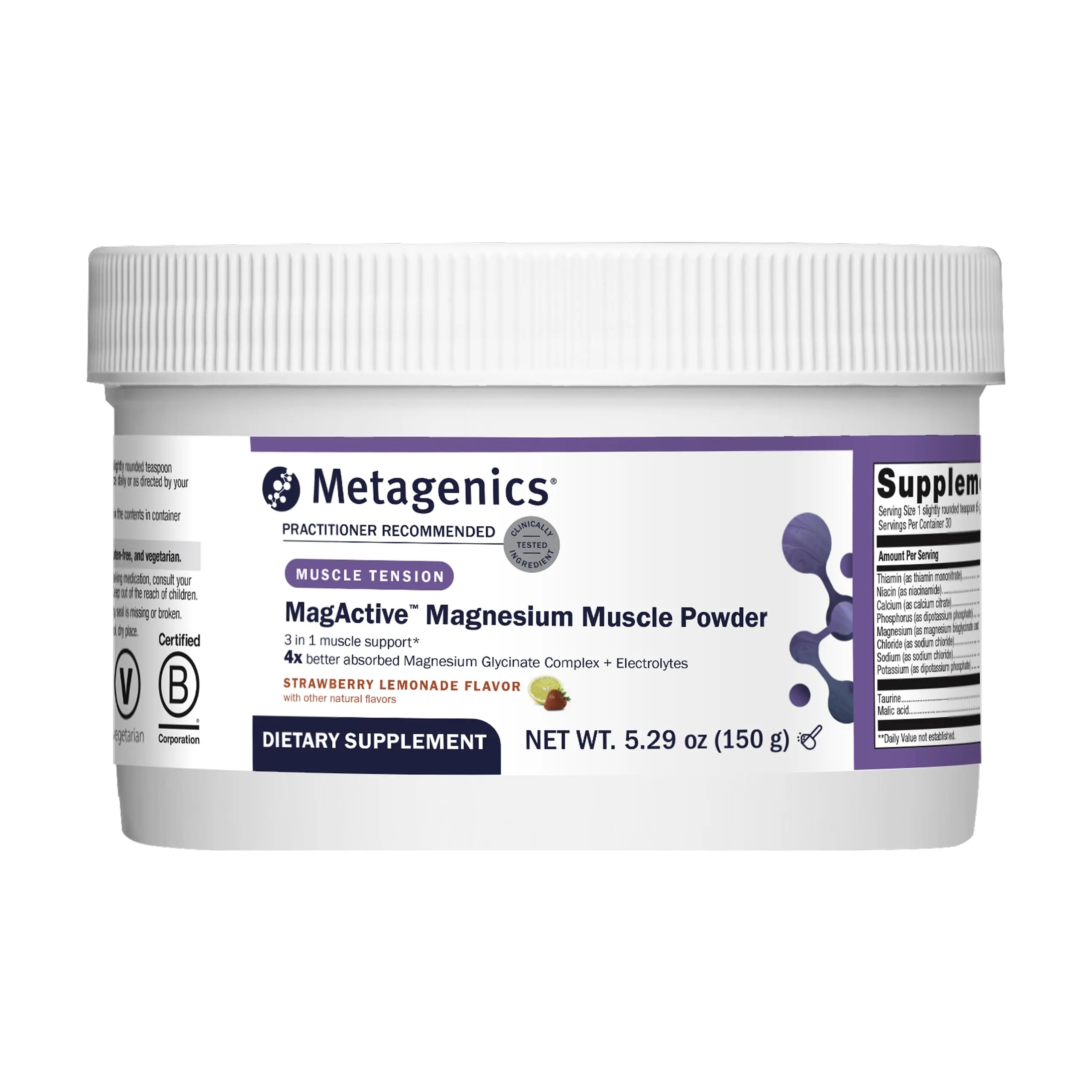 Metagenics MagActive Magnesium Muscle Powder — Highly Absorbable Magnesium for Cramps, Spasms & Workout Recovery — Strawberry Lemonade, 30 Servings