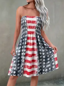Women's Vintage American Flag Strapless Tube Dress - 250th Independence Day Patriotic A-line dress, Smocked Peplum Bandeau Dress for 4th of July Patriotic Celebration，Casual Flowy Summer Party Dress
