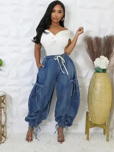 Women's Loose-Fitting Denim Jeans Pants Bottom, Elastic Waist Drawstring Design, Bowknot Detailing, Straight Leg Fit, Casual Style