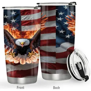 20oz Burning Bald Eagle & American Flag Stainless Steel Insulated Travel Tumbler with Lid, Fire USA Flag Patriotic 4th of July Vacuum Flask, Kitchenware Drinkware for Men