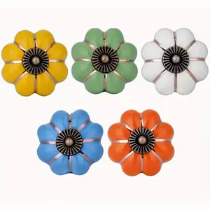 Elegant Pumpkin-Shaped Ceramic Drawer Knobs, Mortise Lock Cabinet Handles, Home & Hotel Furniture, Screw-In Installation, 5pcs Set, Set of five, Door Knob, Door Hardware