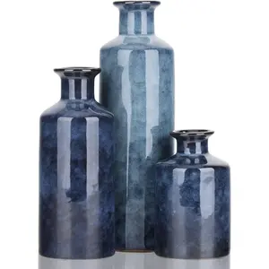 Ceramic Vase Set - 3 Small Blue Vases, Farmhouse Country Flower Vase for Home Decor, Centerpieces for Living Room Table Fireplace Entrance Decoration