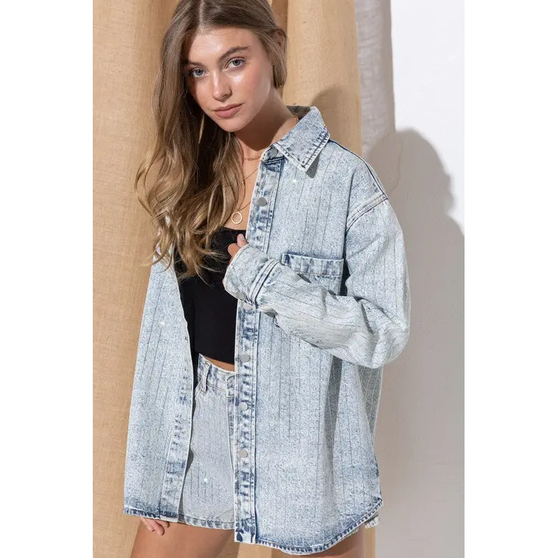 Sparkle Stone Stripe Denim Jacket Long Sleeve Casual Fashion Loose