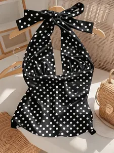 Women's Deep V Neck Polka Dot Crop Top, Sleeveless, Classic Print, Fitted Style, Elastic Breathable Fabric, Perfect for Summer Vacation