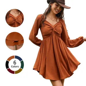 Chicovar Women's Spring Sweetheart Neckline Knot Front Flowy Mini Chiffon Dresses, Lantern Sleeve, A-Line Cut, No Scratchy, No Sheer, Westernfashion, Family Photos, Church, Party, Casual, or Daily Wear