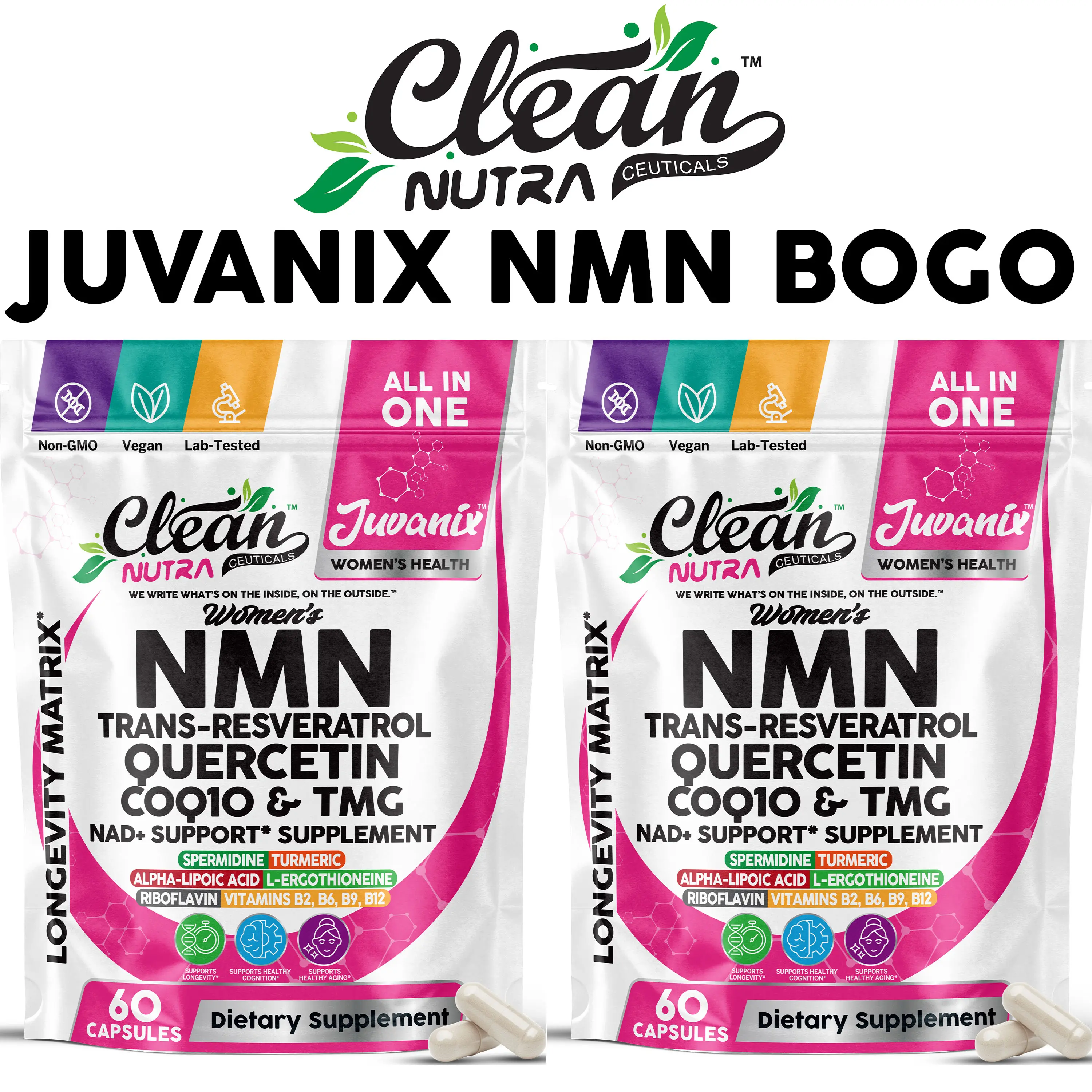 BOGO NMN Supplement 500mg NAD+ Resveratrol for Women – Buy 1 Get 1 Womens Longevity Anti Aging – NMN NAD Supplement with CoQ10 Quercetin Quercetin – Cellular Energy Brain Health – Nicotinamide Mononucleotide – Clean Nutra Juvanix