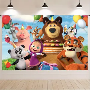 Cute Masha and the Bear Tapestry Poster, Aesthetic Cartoon Wall Art for Kids Room, Birthday Gift Polyester Fabric