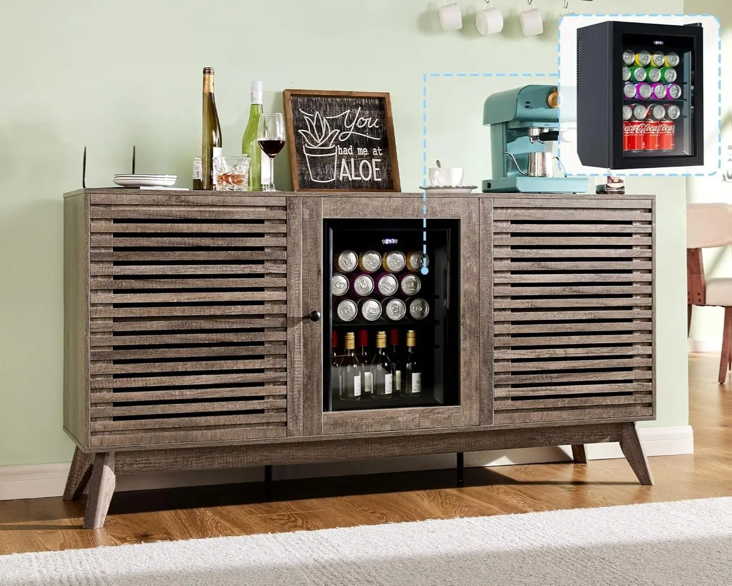 【Ships in 2 Boxes】[Summerwins] [SummerFinds] AMERLIFE 60" Coffe Bar Cabinet with Built-in Beverage Refrigerator– Wine Bar Cabinet with 24 Cans Mini Fridge– Sideboard Buffet with Storage for Dining Room, Home Bar, or Office- Grey