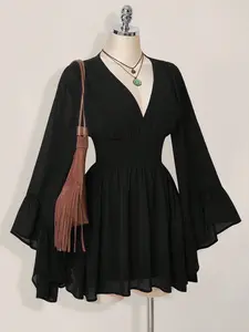 ICON Goth Corset Mini Dress V-Neck Waist Cinched Bell Sleeve Night Out Look