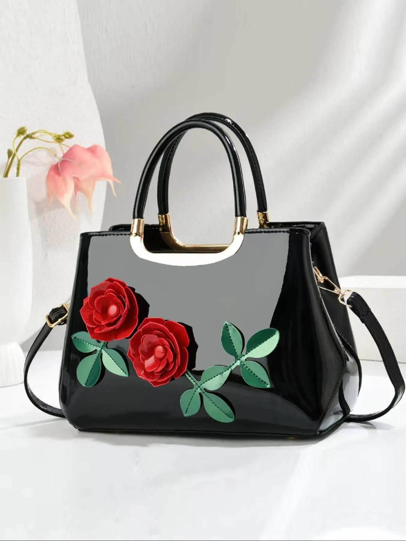 Women's Elegant Rose Embroidered Handbag, Fashionable Large Capacity Shoulder Bag for Daily Used, Elegant Commuter Bag, Casual Trendy Versatile High-quality Daily Commuting Bag