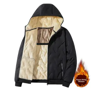 Men's Fleece-Lined Cotton Jacket with Hood Casual Warm Faux Lamb Wool Quilted Windproof Fabric for Autumn Winter Commutes & Outdoor Cold Protection New Model Beige Black Plain everyday winter wear warm fleece jacket trendy coat men jacket short winter out