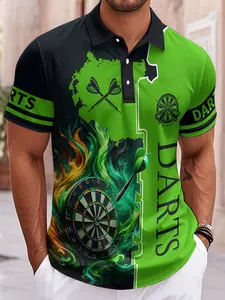 Men's Casual Printed Performance Polo Shirt, Short Sleeve Darts Print Top, Breathable Sporty Design, Perfect for Parties & Outdoor Activities