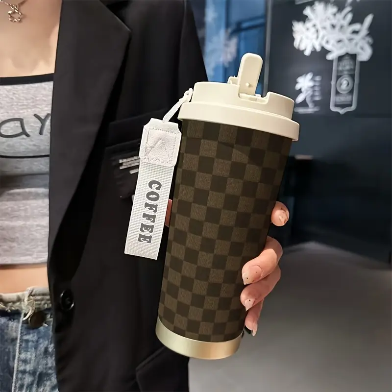 18oz Stainless Steel Insulated Portable Flask, Brown Plaid Travel Mug with Handle Strap & Straw, Outdoor Coffee Drinkware for Birthday & Christmas Gifts